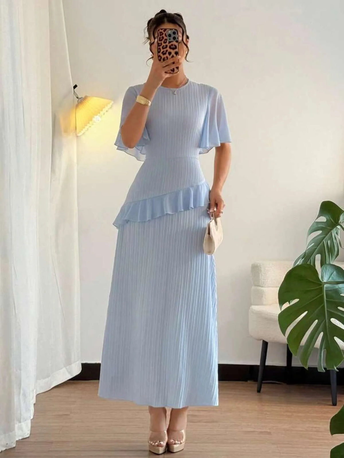Ruffled Round Neck Flutter Sleeve Dress - alternate view 4