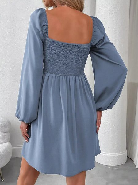Ruched Square Neck Long Sleeve A-Line Dress - alternate view 15