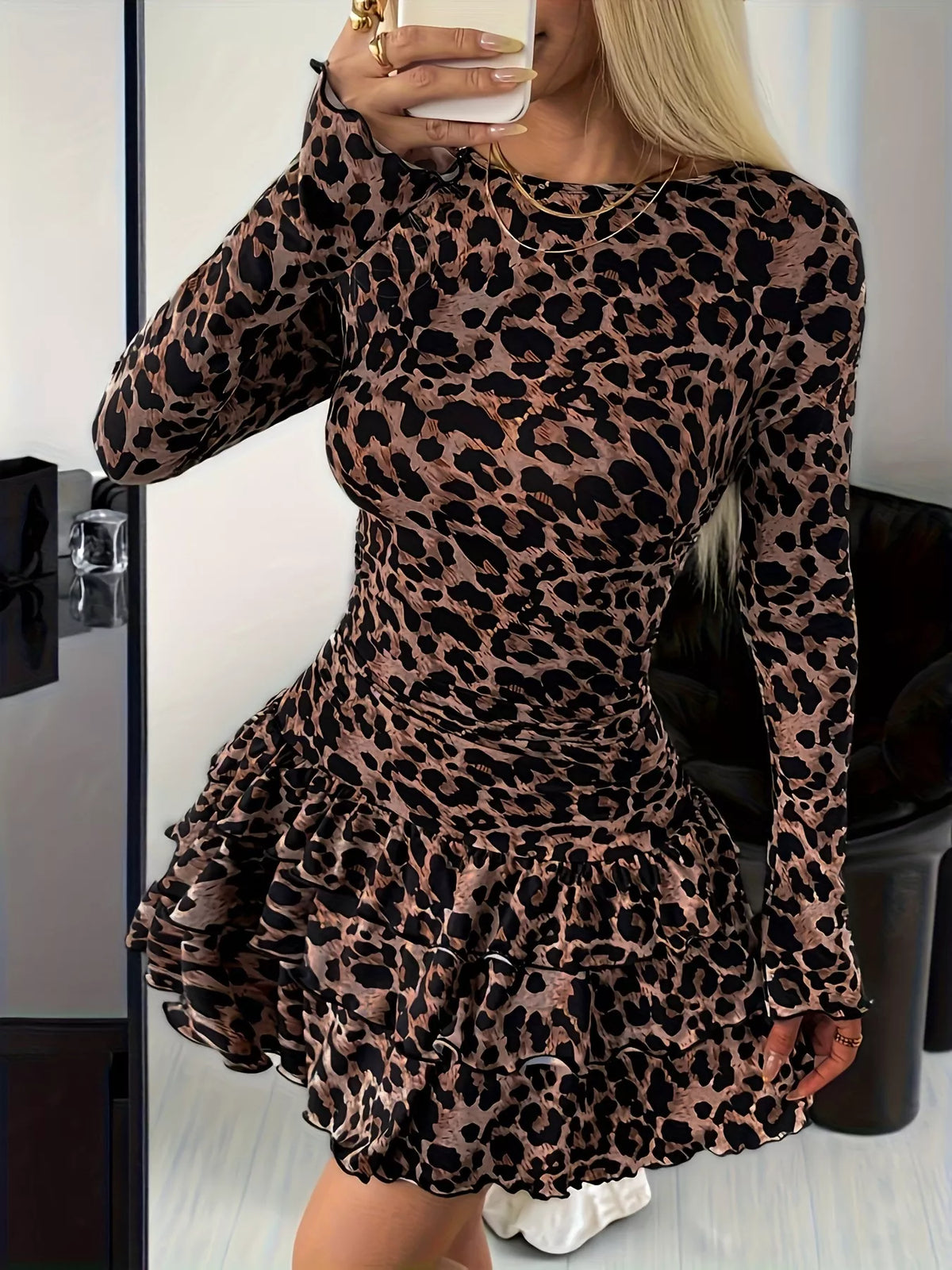 Long Sleeve Ruffled Hem Mini Dress - alternate view 10