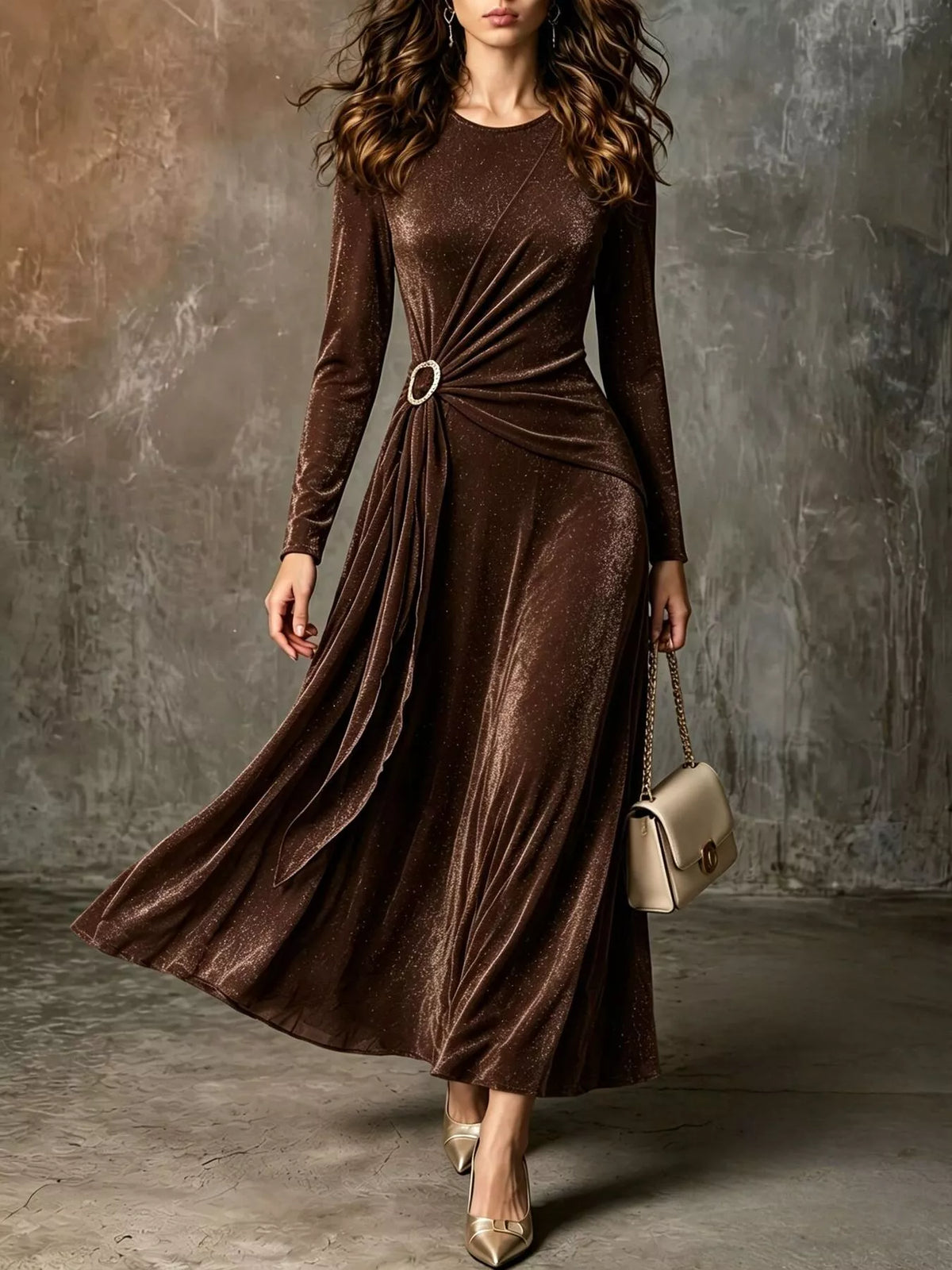 Full Size Velvet Long-Sleeve Maxi Dress with Ring Detail Plus Size - alternate view 3