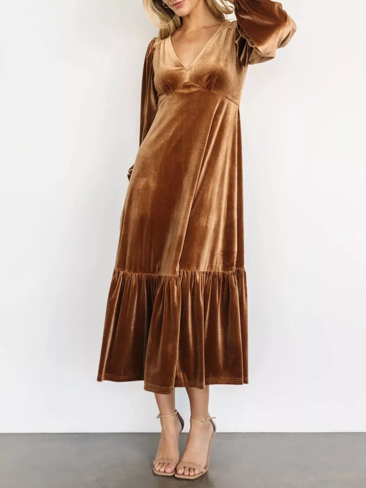 Velvet Tiered Long Sleeve Midi Dress - alternate view 2
