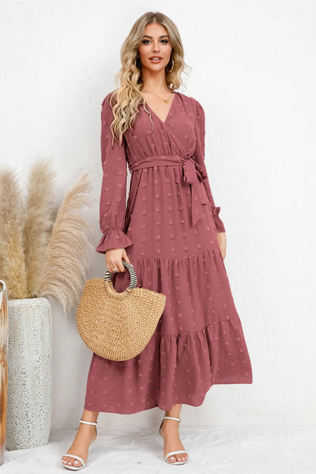 Swiss Dot Tied Surplice Flounce Sleeve Dress - alternate view 16