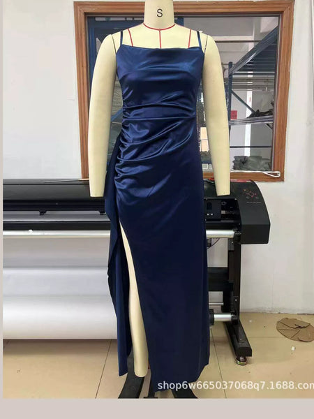 Satin Ruched High-Slit Maxi Dress - alternate view 7