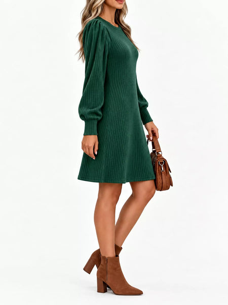 Puff Sleeve Ribbed Knit Long Sleeve Mini Dress with Pockets - alternate view 13