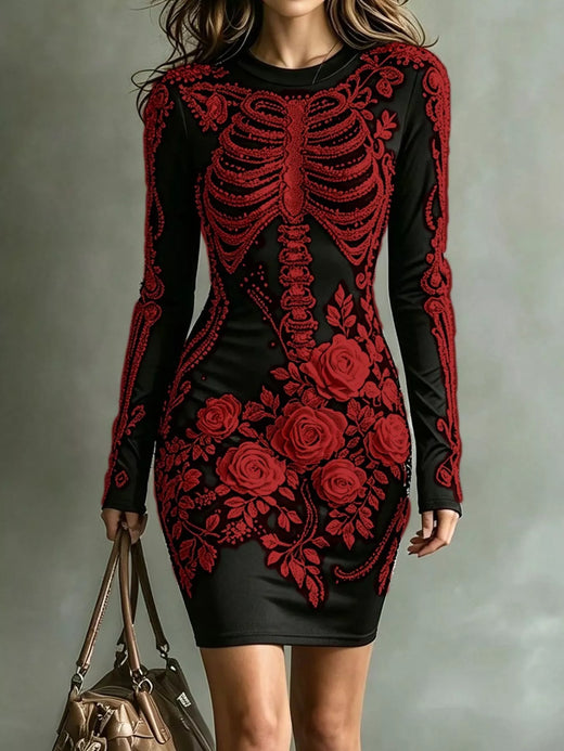 Skeleton Floral Long Sleeve Bodycon Dress - alternate view 6