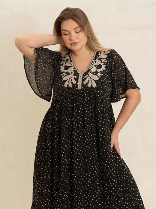 Printed V-Neck Flutter Sleeve Maxi Dress - alternate view 4