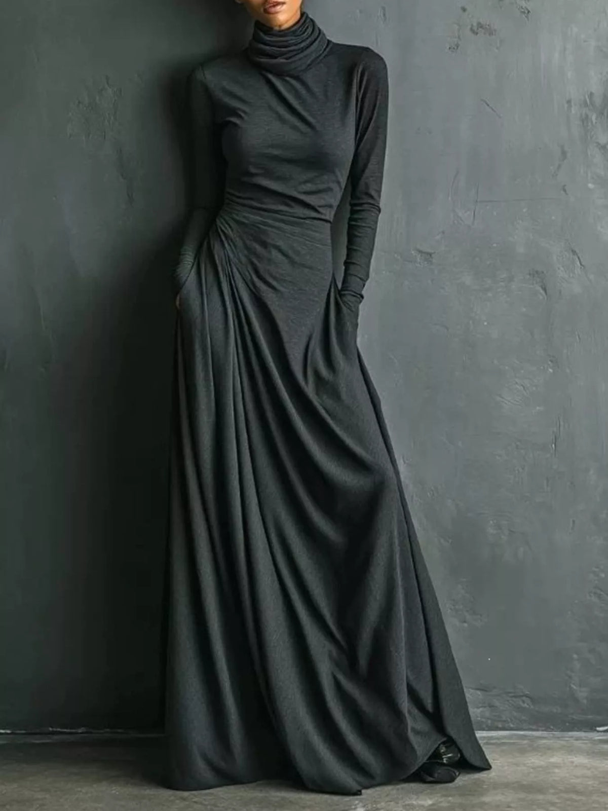 Turtleneck Long-Sleeve Draped Maxi Dress - alternate view 2
