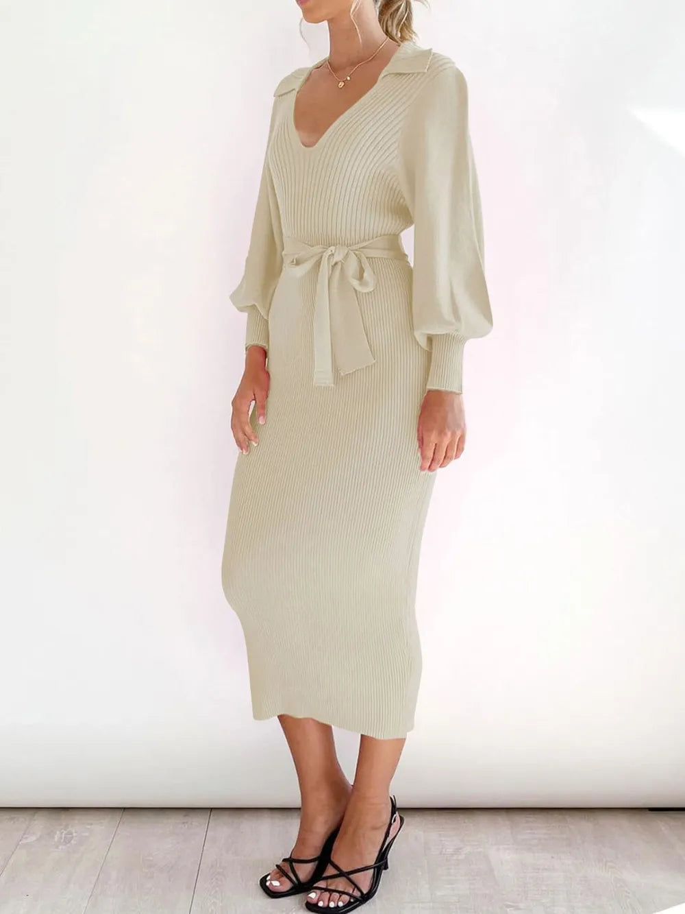 Perfee Tied Long Sleeve Wrap Sweater Dress - alternate view 2