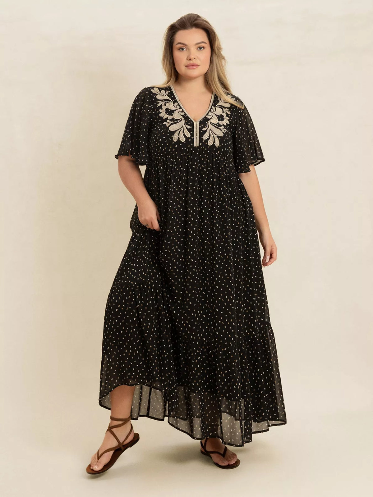 Printed V-Neck Flutter Sleeve Maxi Dress