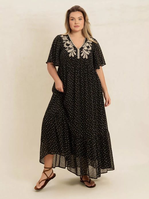 Printed V-Neck Flutter Sleeve Maxi Dress