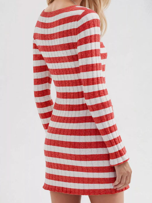 Striped Ribbed Knit Long Sleeve Sweater Dress - alternate view 2