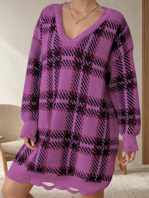 Distressed Plaid V-Neck Long Sleeve Sweater Dress - alternate view 3