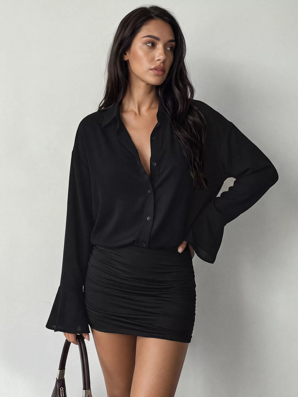 Button Front Flounce Sleeve Bodycon Shirt Dress