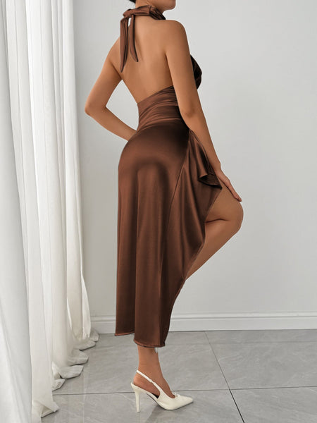 Halter Neck High Slit Satin Dress - alternate view 20