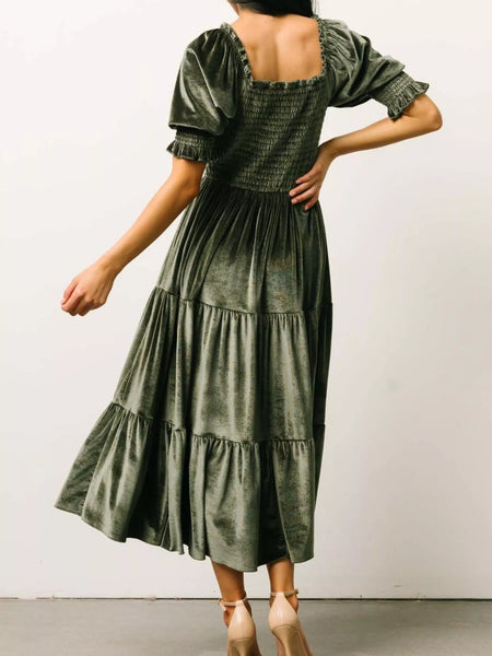 Velvet Smocked Tiered Midi Dress - alternate view 8