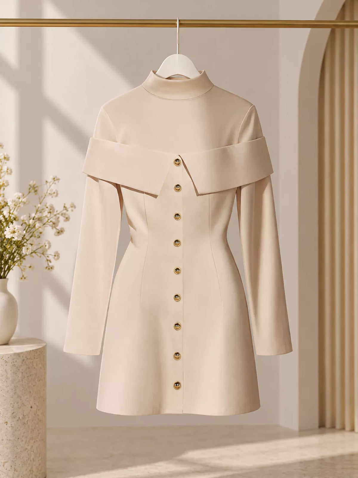 Mock Neck Button Front Mini Dress