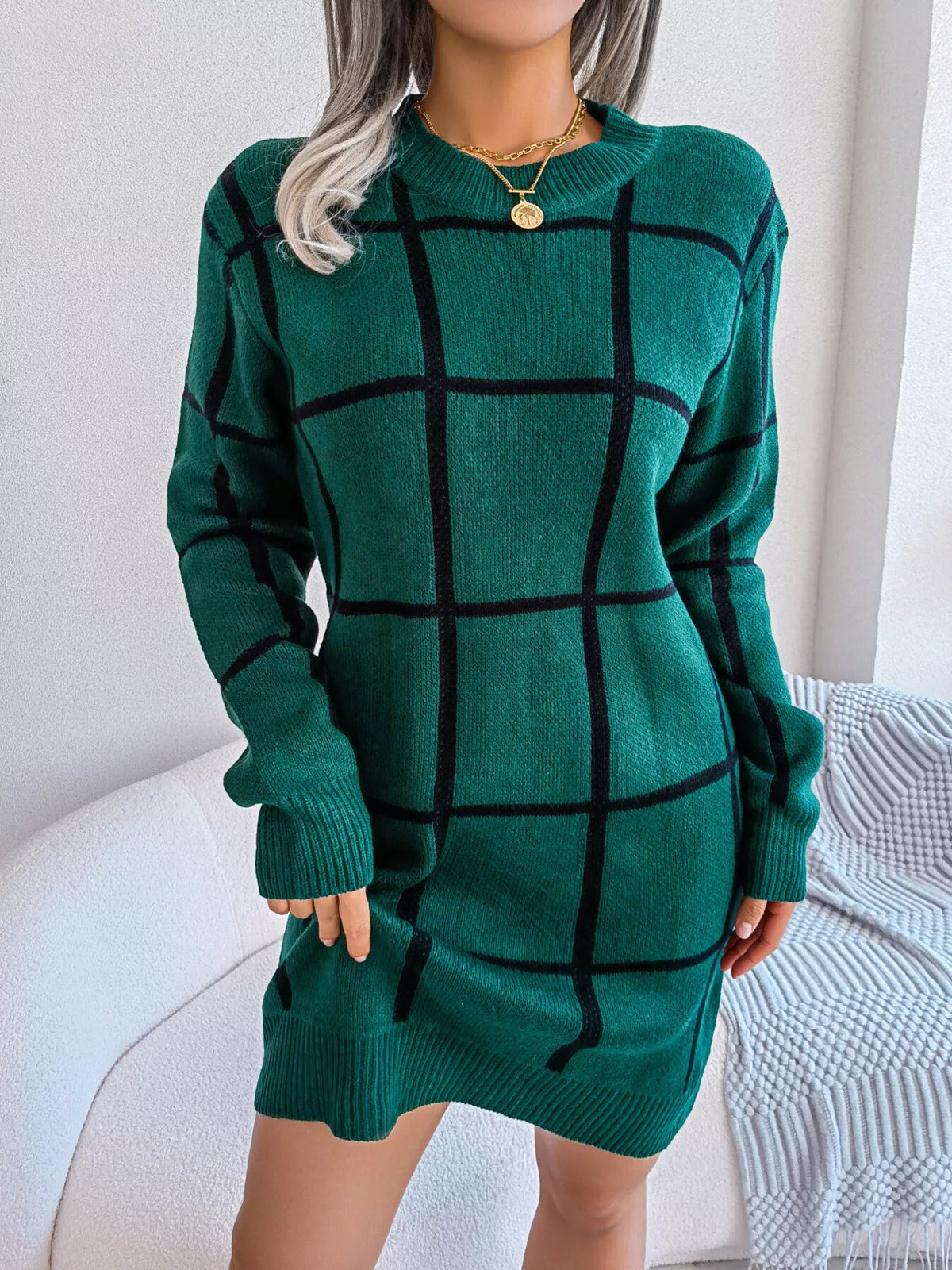Plaid Pattern Long Sleeve Sweater Dress - alternate view 3