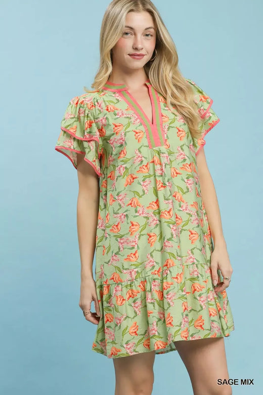 Floral Flutter Sleeve Tiered Dress - alternate view 2