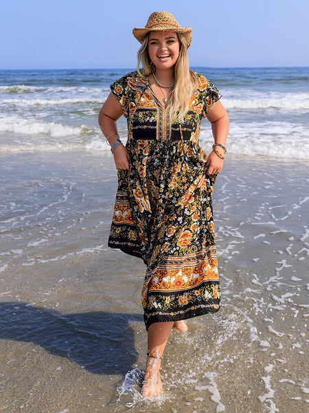 Printed V-Neck Ruffle Cap Sleeve Maxi Dress - alternate view 6