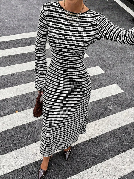 Backless Striped Ribbed Knit Maxi Dress with Flared Sleeves - alternate view 3