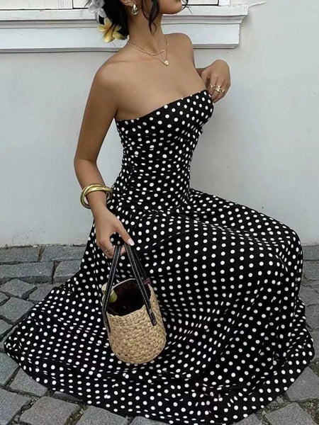 Strapless Polka Dot Ruched Maxi Dress - alternate view 10