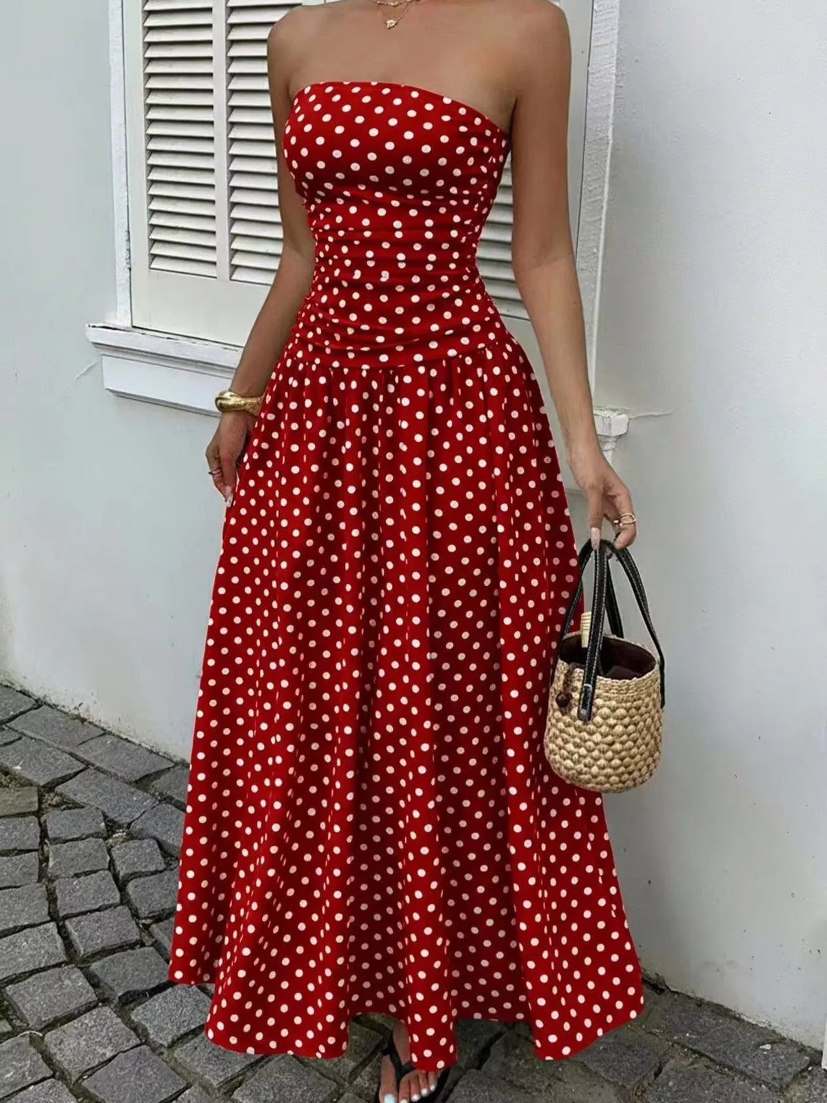 Strapless Polka Dot Ruched Maxi Dress - alternate view 14
