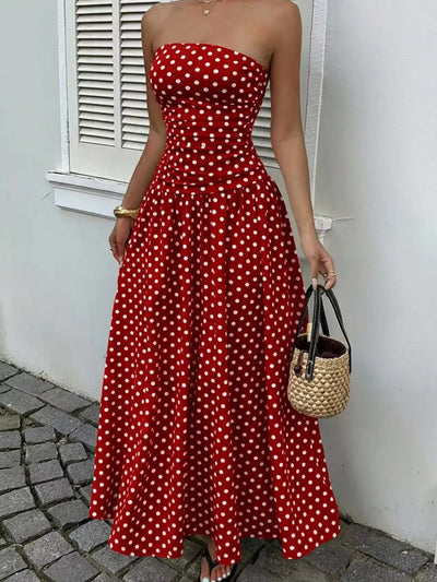 Strapless Polka Dot Ruched Maxi Dress - alternate view 14