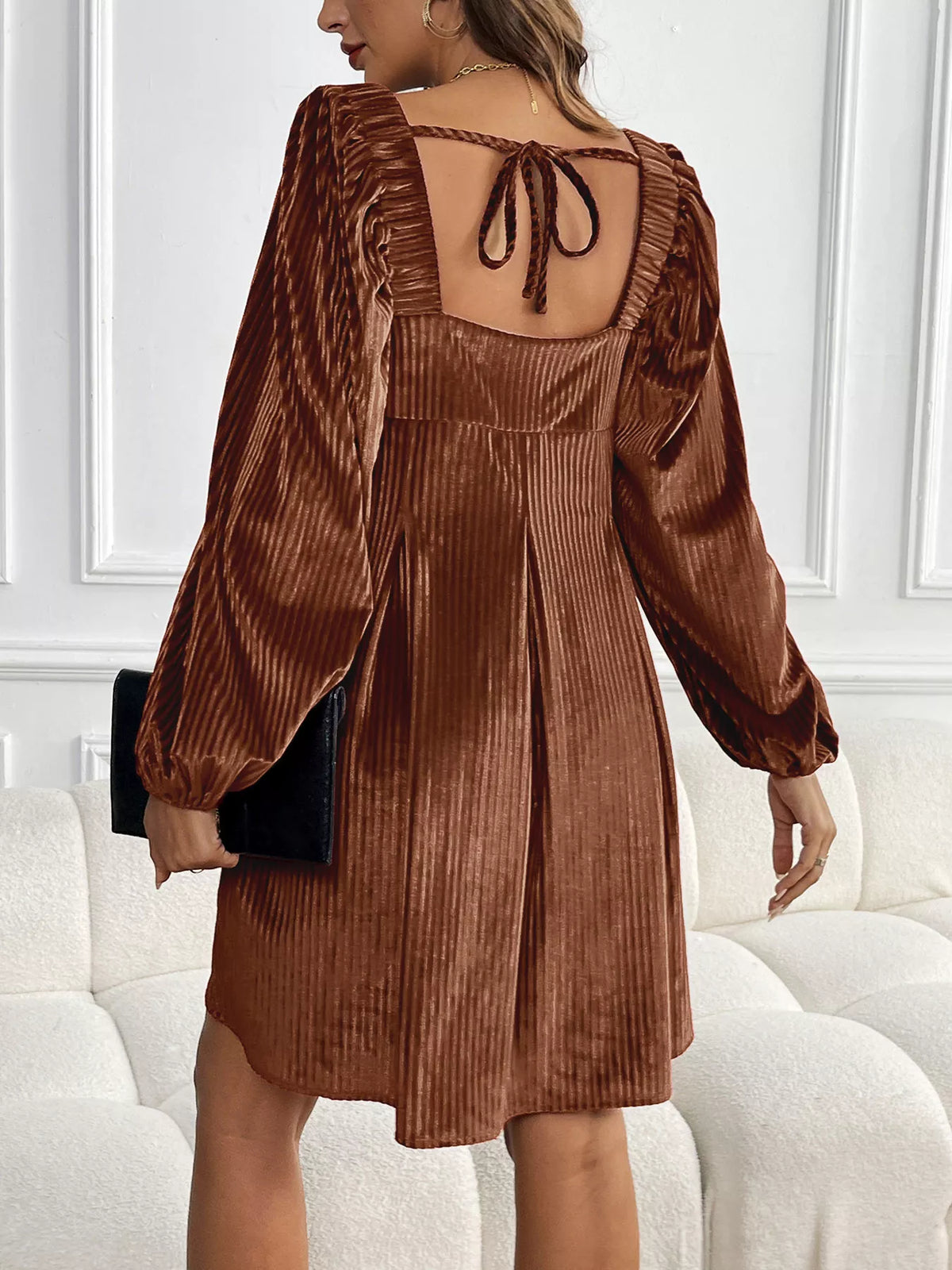 Velvet Square Neck Long Sleeve Dress - alternate view 2