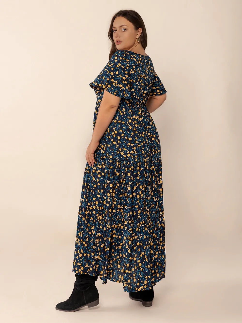 Printed Short Sleeve Slit Tiered Maxi Dress - alternate view 5