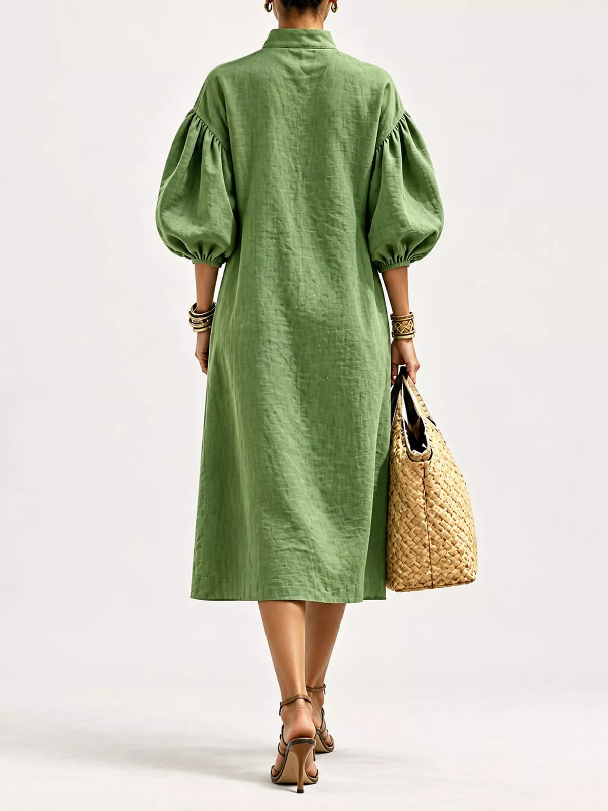 Half-Zip Puff Sleeve Midi Dress - alternate view 12
