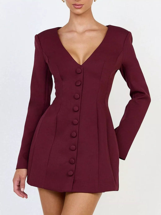 Deep V-Neck Button-Down Blazer Dress