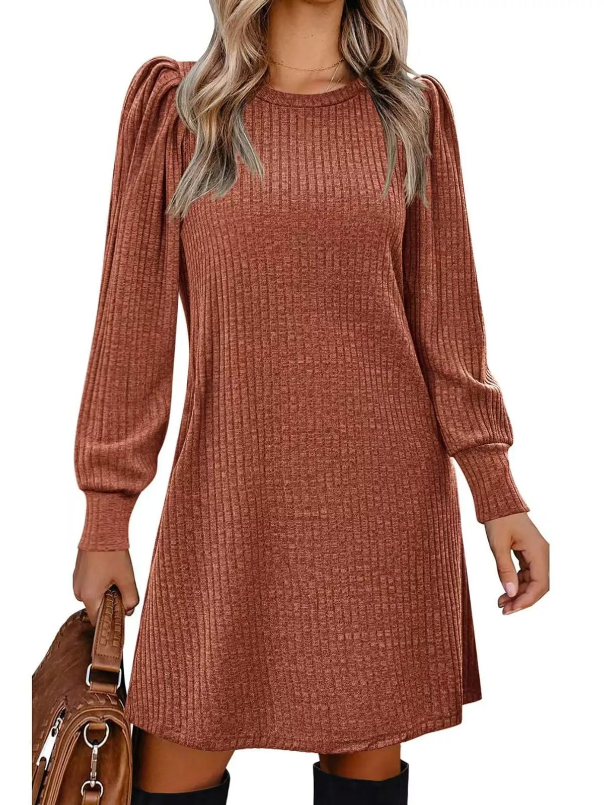 Puff Sleeve Ribbed Knit Dress with Pockets - alternate view 4