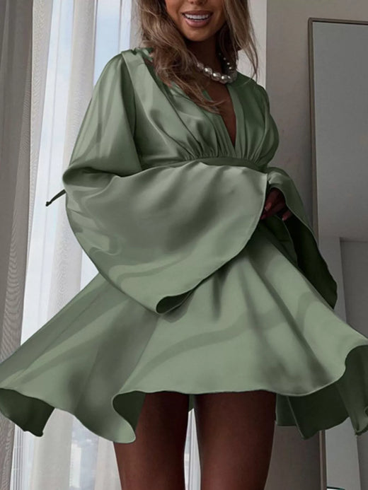 V-Neck Satin Mini Dress with Flowy Sleeves - alternate view 2
