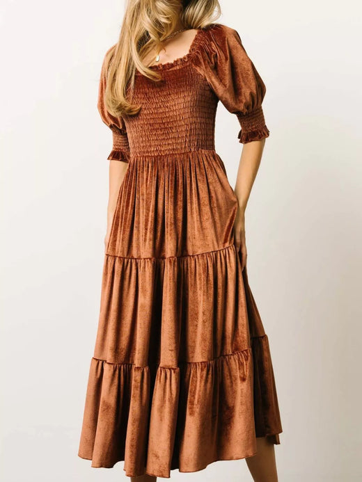 Velvet Smocked Tiered Midi Dress - alternate view 5
