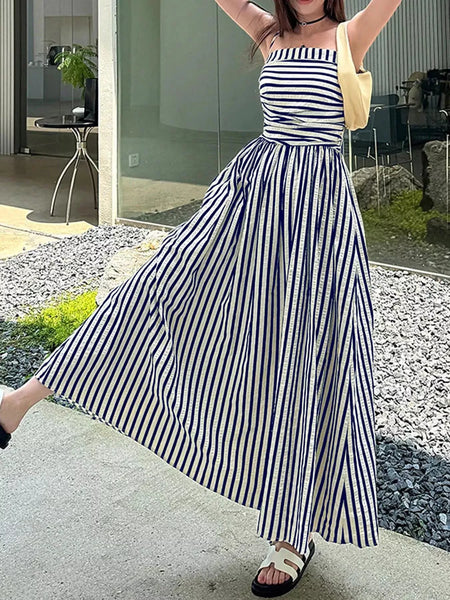 Striped Spaghetti Strap A-Line Maxi Dress - alternate view 5