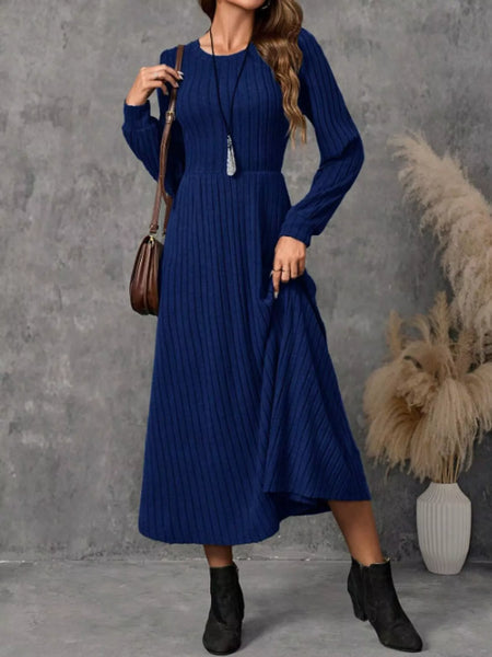 Ribbed Knit Long Sleeve A-Line Midi Dress - alternate view 18