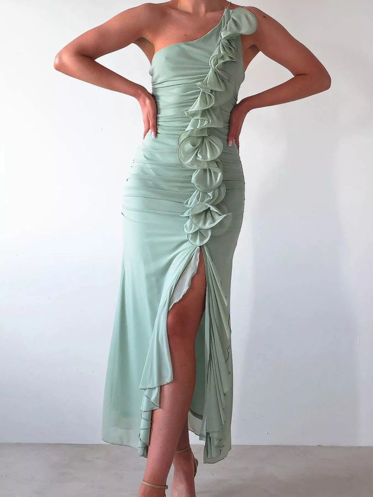 One-Shoulder Ruffle Slit Dress - alternate view 4