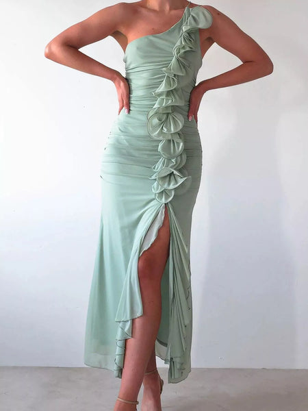 One-Shoulder Ruffle Slit Dress - alternate view 4