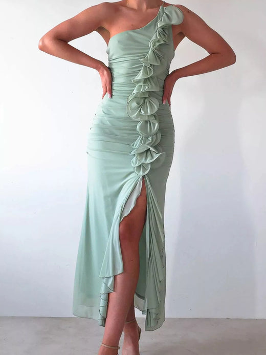 One-Shoulder Ruffle Slit Dress - alternate view 4