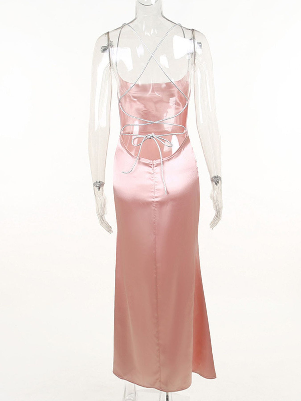 Slinky Satin Cowl Neck High Slit Dress with Back Lace Up - alternate view 13