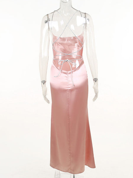 Slinky Satin Cowl Neck High Slit Dress with Back Lace Up - alternate view 13