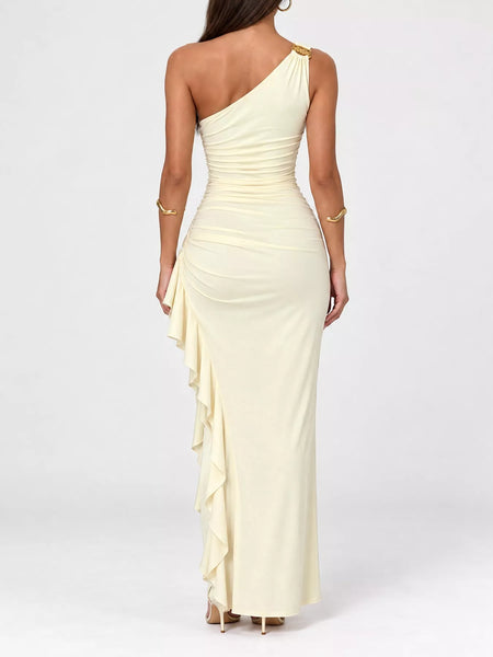 One-Shoulder Ruched Ruffle Hem Maxi Dress - alternate view 5