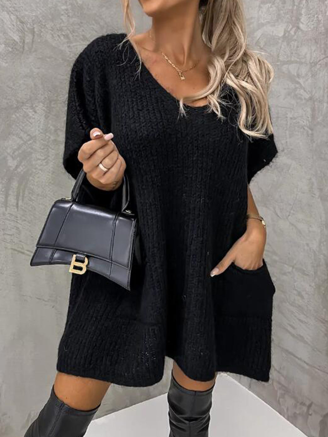 Short Sleeve Sweater Dress with Pockets - alternate view 5