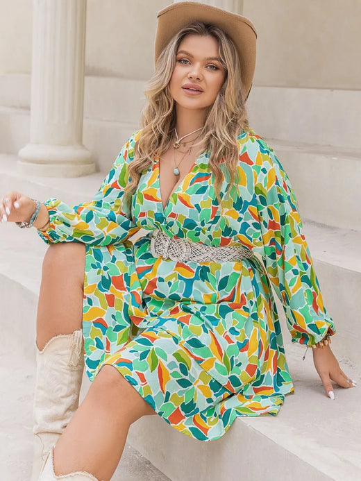 Printed Surplice Long Sleeve Mini Dress - alternate view 4