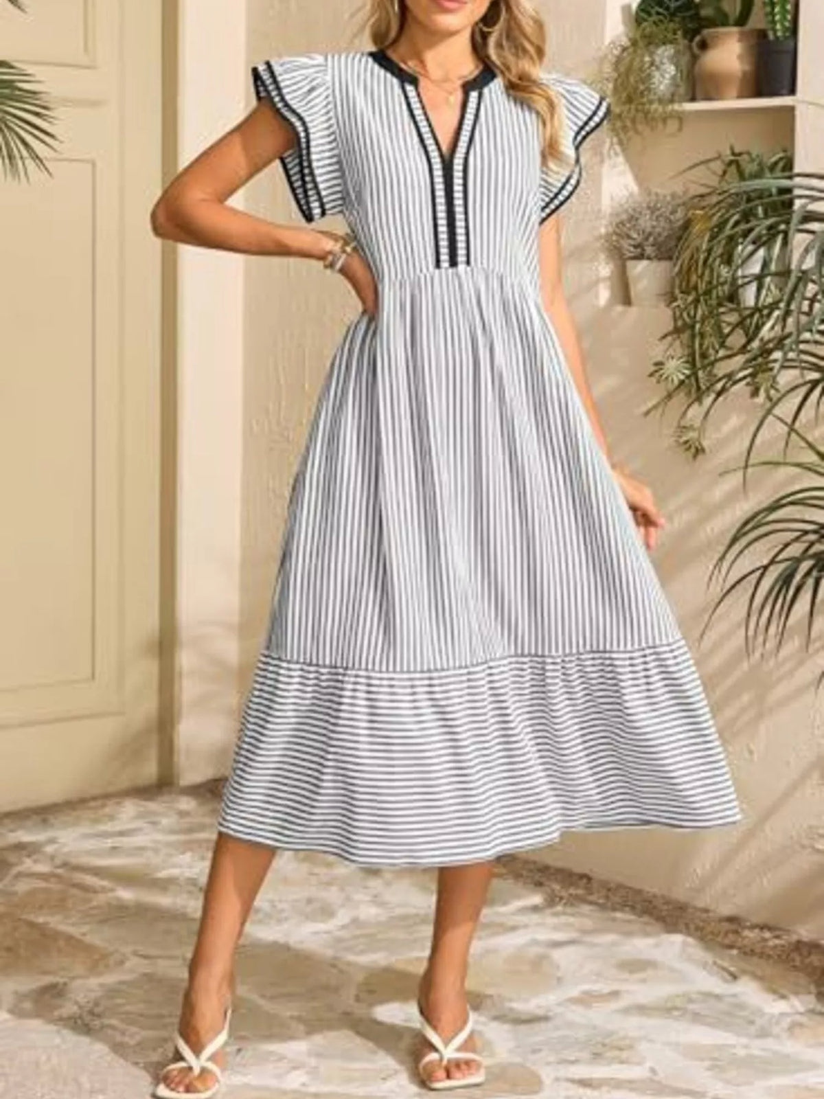 Striped Notched Ruffle Sleeve Dress - alternate view 6