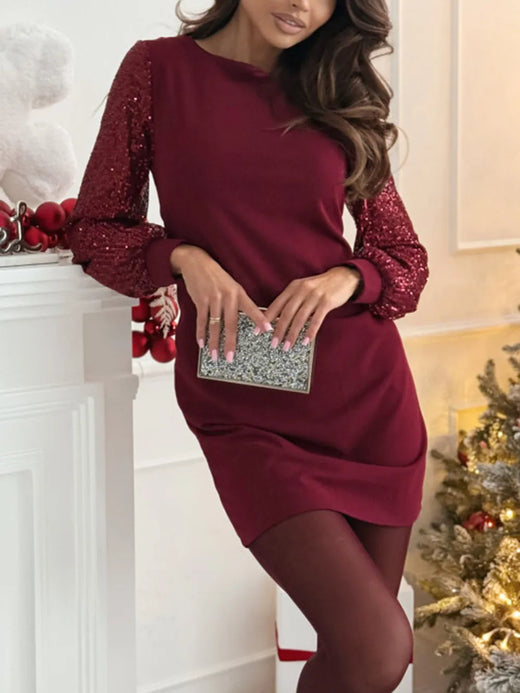 Sequin Round Neck Long Sleeve Mini Dress - alternate view 2