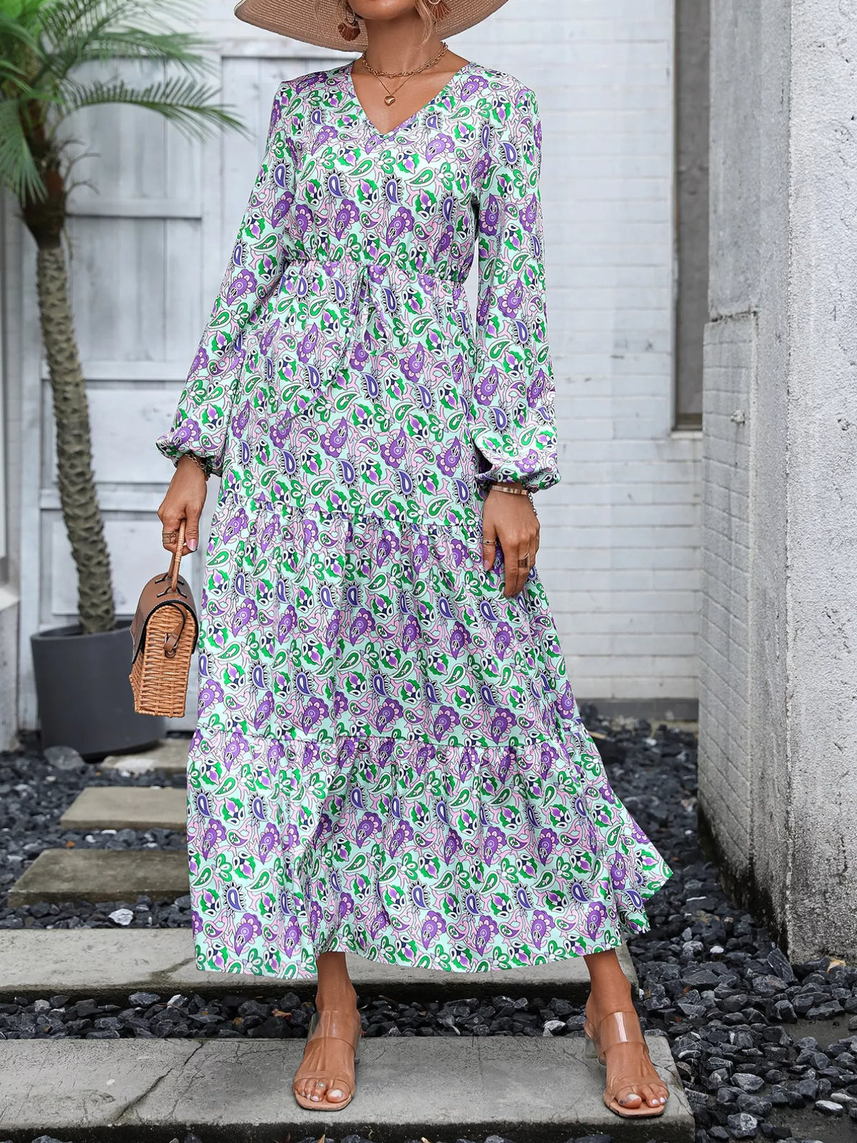 Printed V-Neck Long Sleeve Dress - alternate view 3