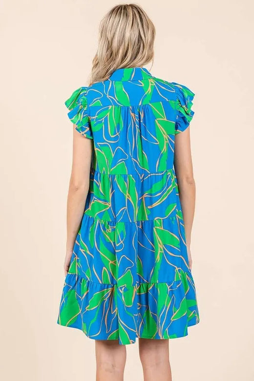 Leaf Print Ruffle Sleeve Tiered Mini Dress - alternate view 2