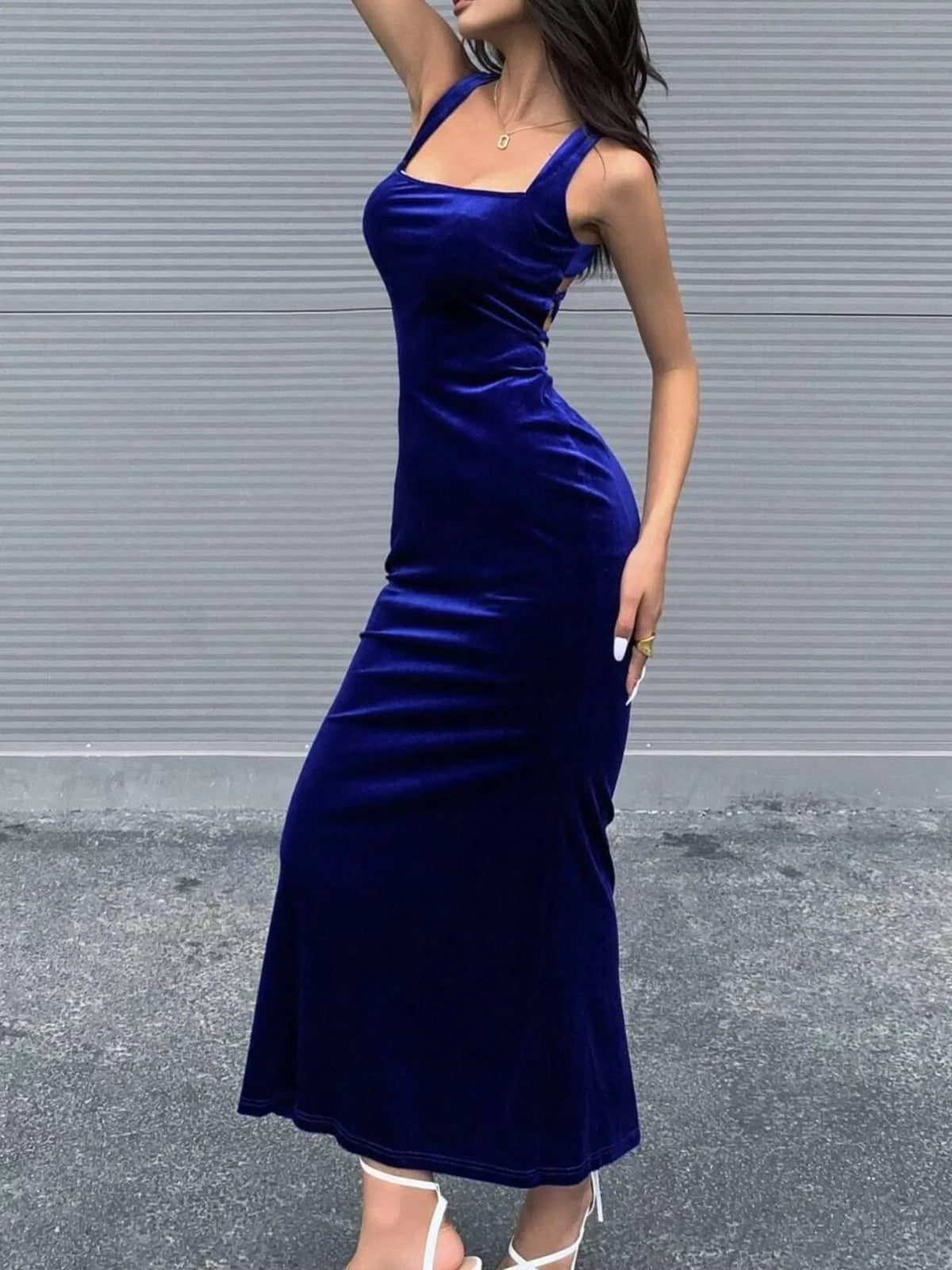 Backless Velvet Bodycon Maxi Dress with Back Lace Up - alternate view 3