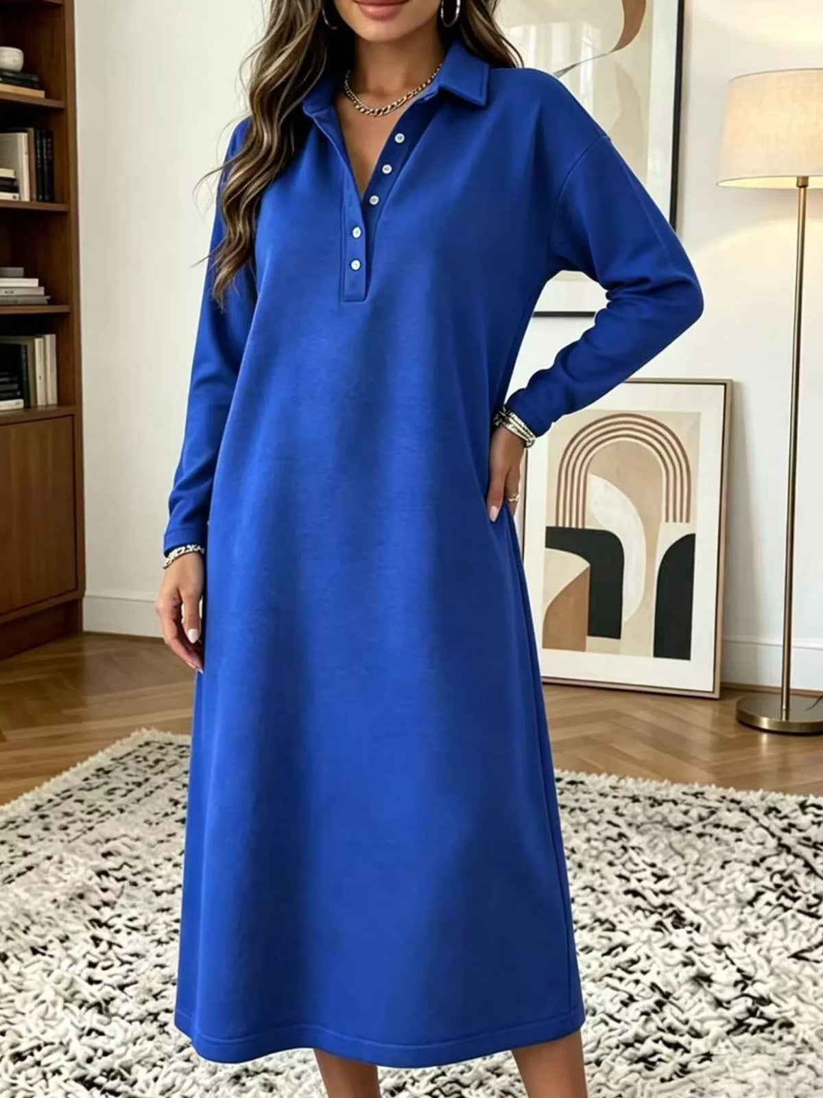 Polo Collar Long Sleeve Midi Dress - alternate view 4